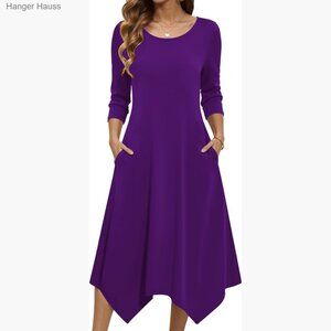 Midi Dress 3/4 Sleeve A-Line with Pockets Casual Summer Beach Sundress